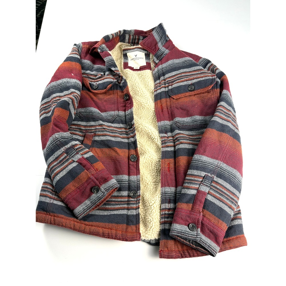 American Eagle Sherpa Lined Shirt Jacket Womens XL Stripe Button Front